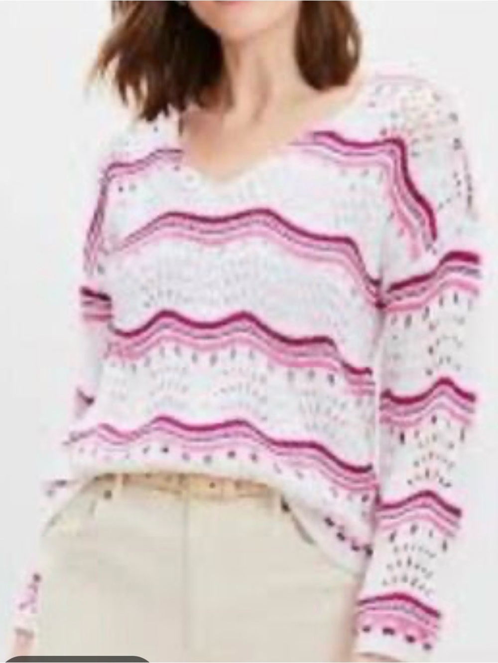 LOFT White and Pink Open-Knit Wave Stripe Sweater